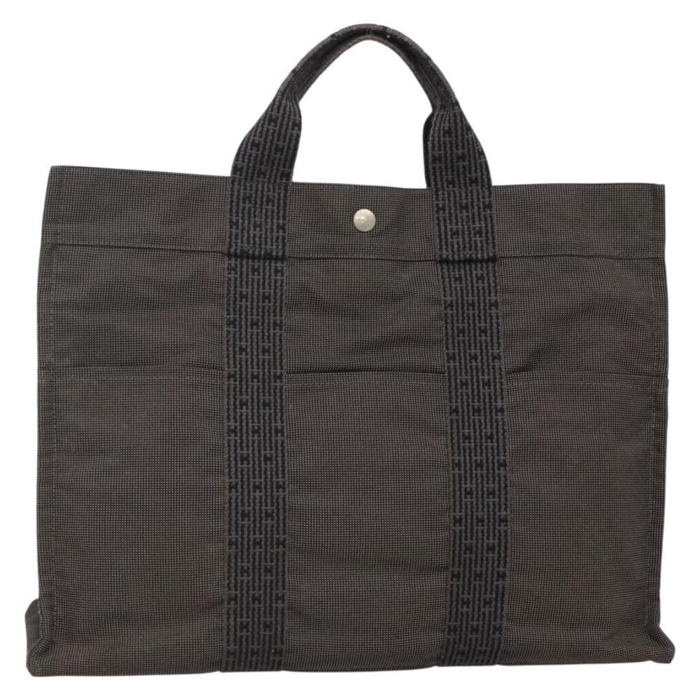 HERMES Her Line MM Hand Bag Canvas Gray Silver Auth 141483